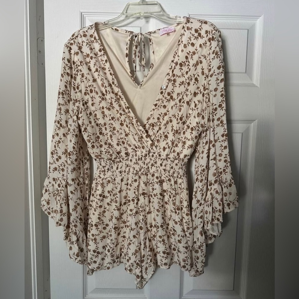 NWOT Pink Lily Tan Bell Sleeve Floral Romper